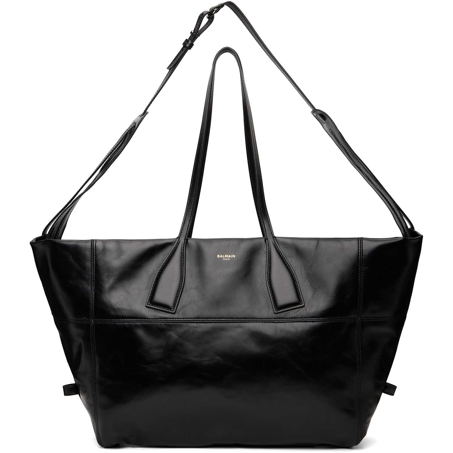 BALMAIN Black Track Zips Calfskin Tote Bag