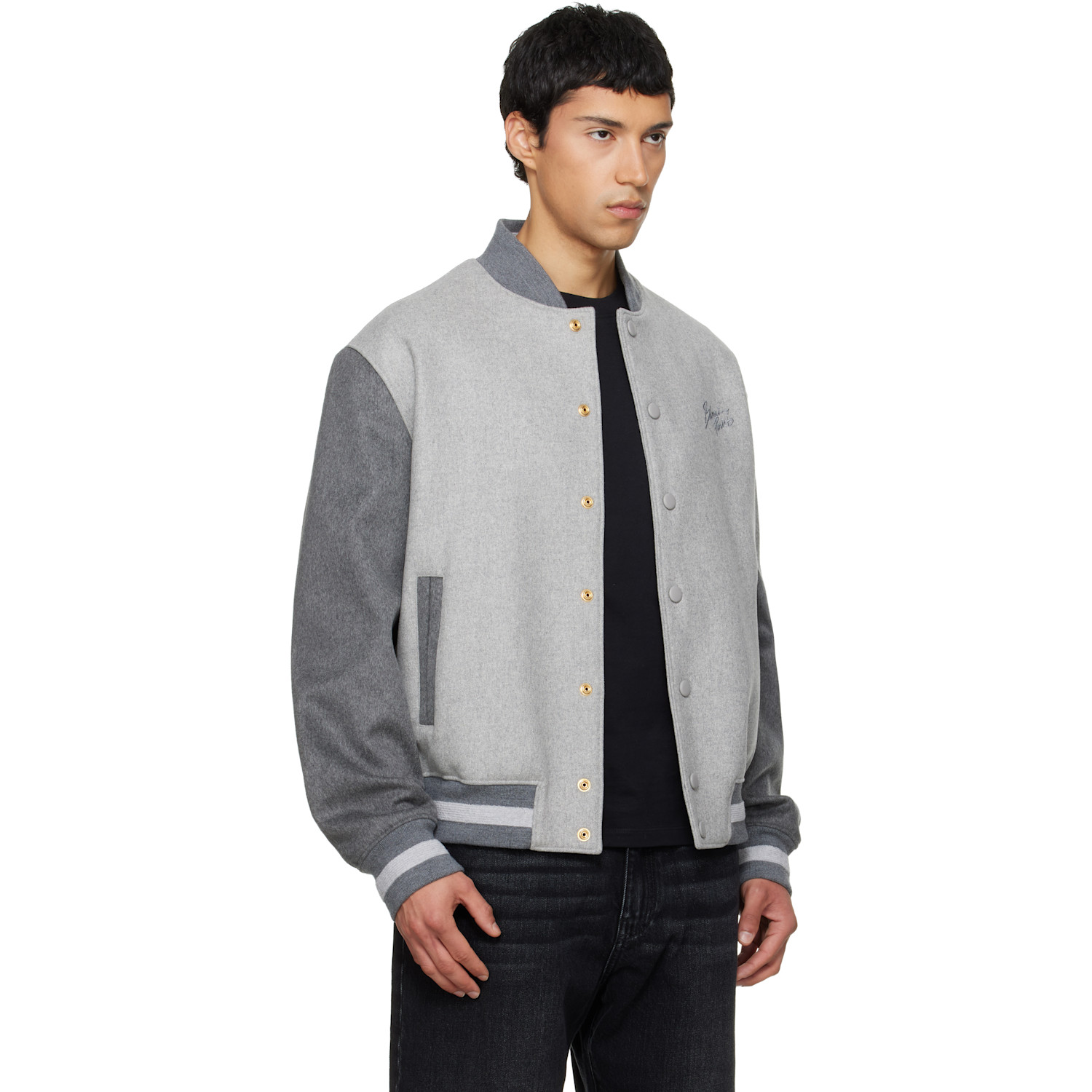  Balmain Gray Wool & Cashmere Varsity Bomber Jacket 