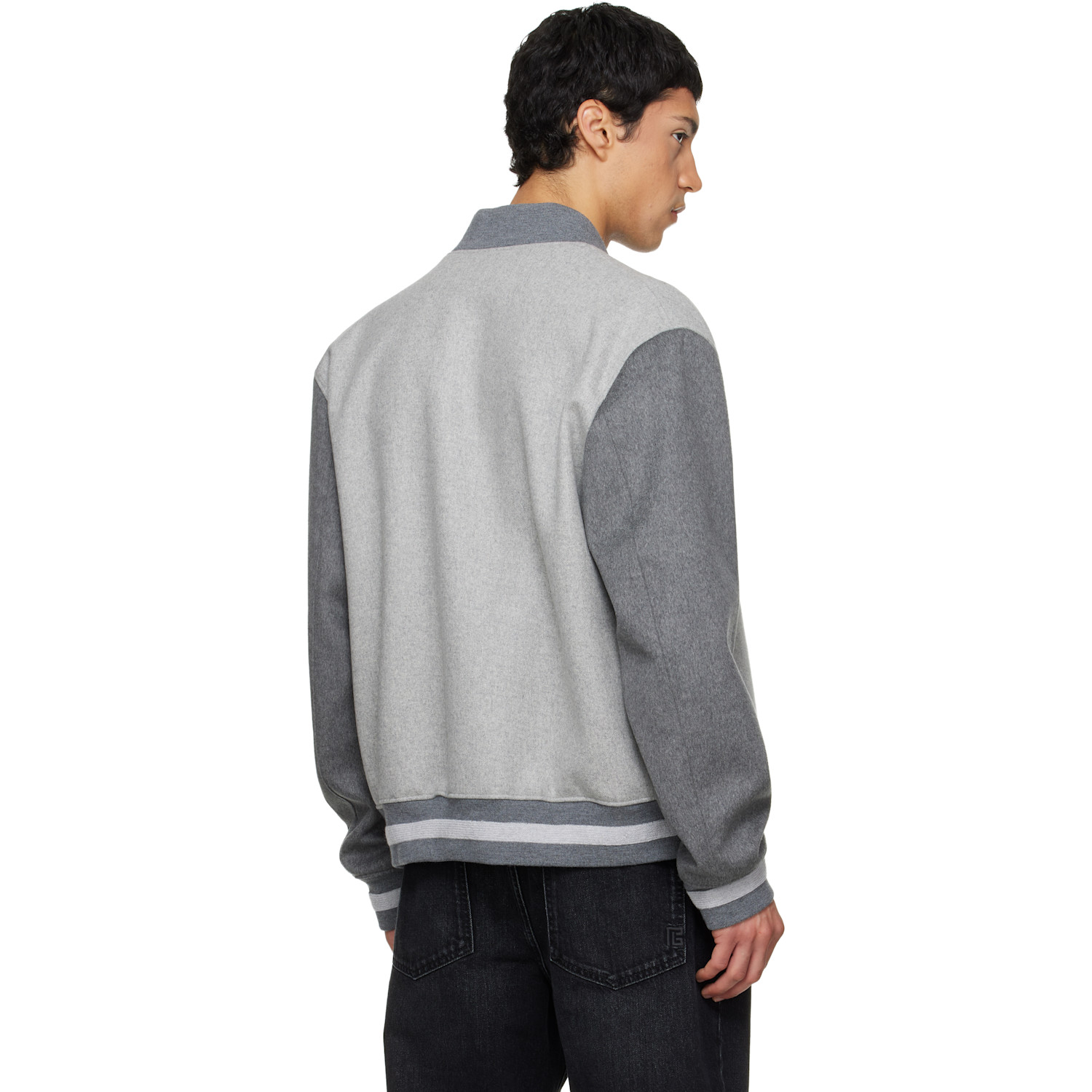  Balmain Gray Wool & Cashmere Varsity Bomber Jacket 