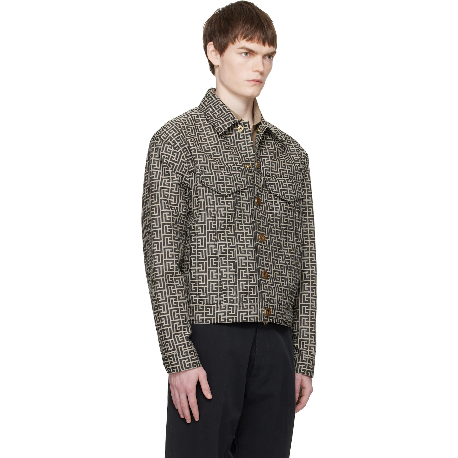  Balmain Gray & Black Monogram Jacquard Jacket 