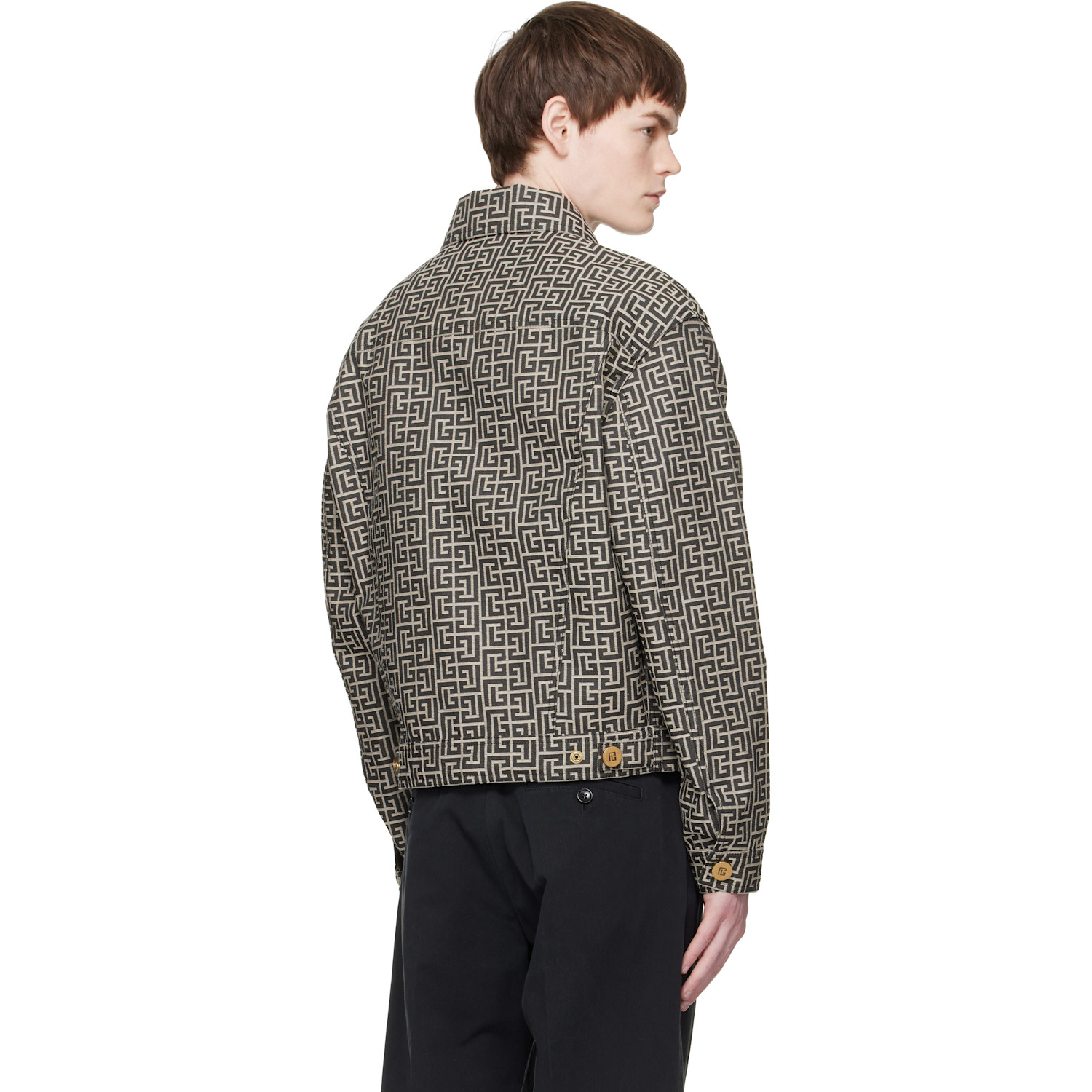  Balmain Gray & Black Monogram Jacquard Jacket 