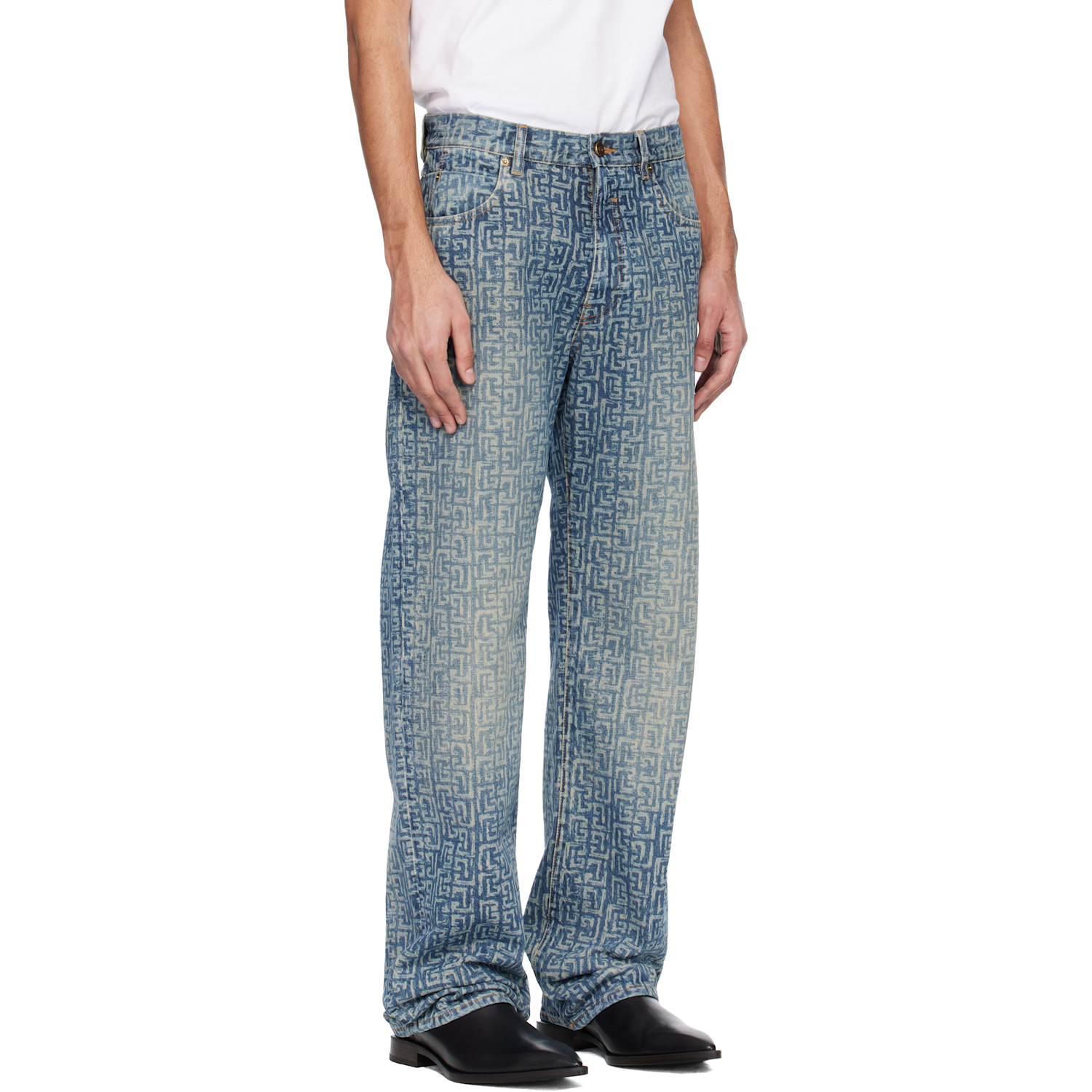  Balmain Blue Monogram Laser Loose-fit Jeans 