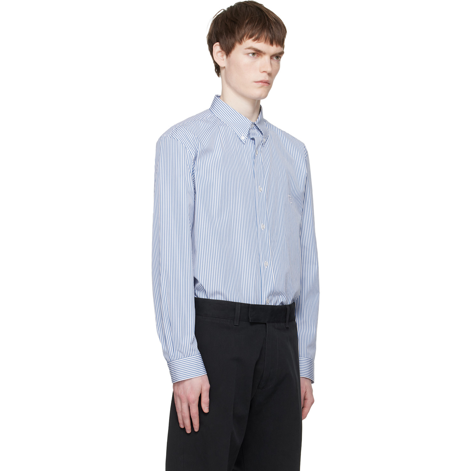  Balmain Blue & White Embroidered Pinstripe Popeline Regular Shirt 
