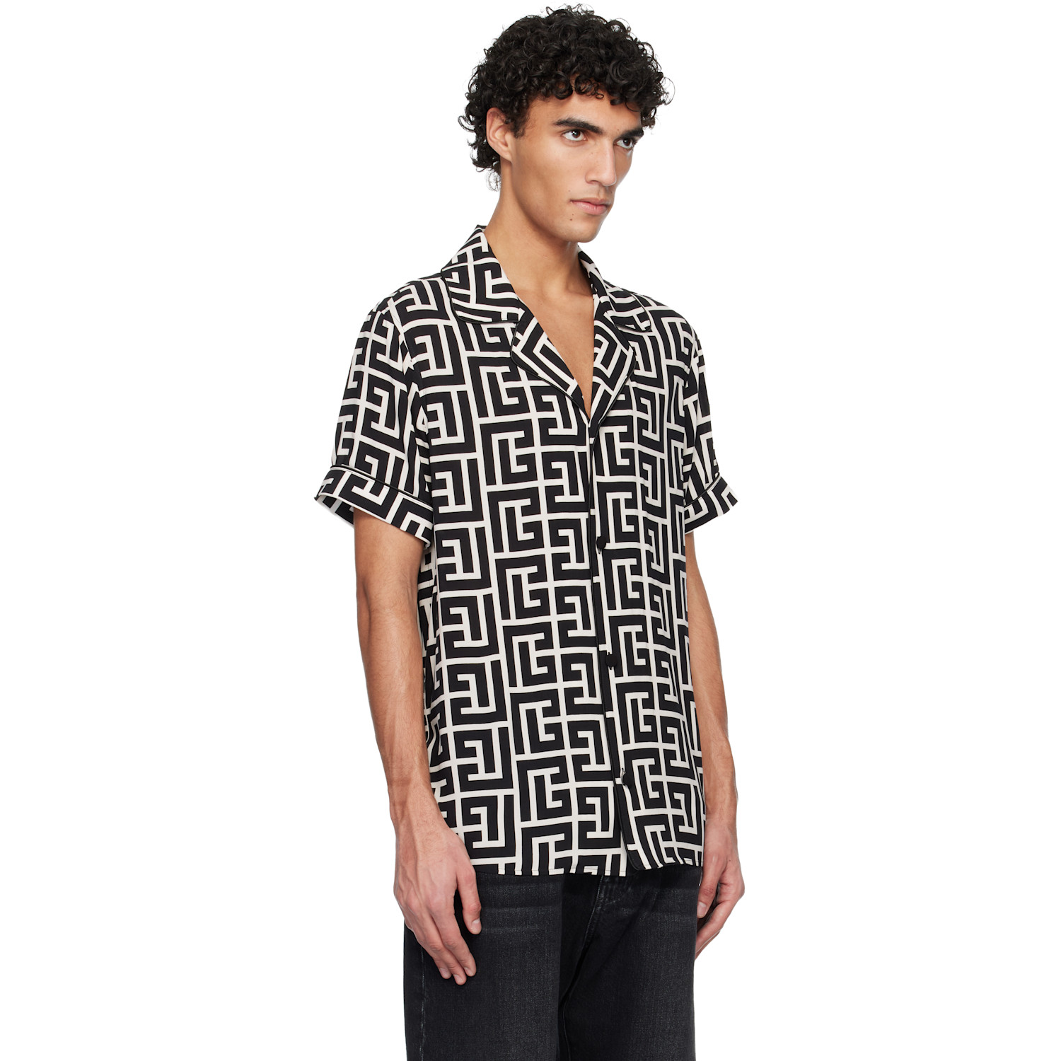  Balmain Black & White Pyjama Monogrammed Print Shirt 