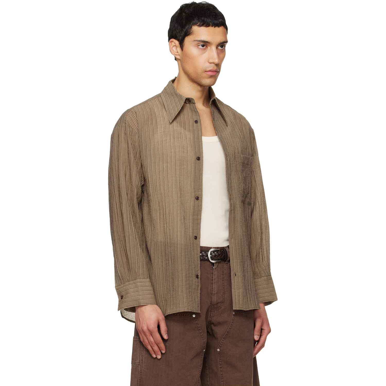  Tonywack Khaki Lyocell Oversized Stripe Shirt 