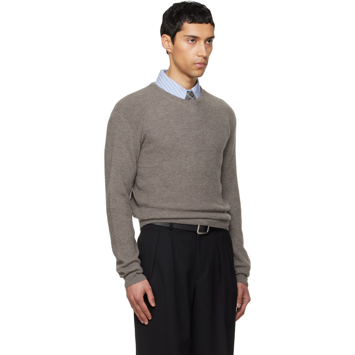  Tonywack Taupe Superfine Wool Commando V-neck Knit Sweater 