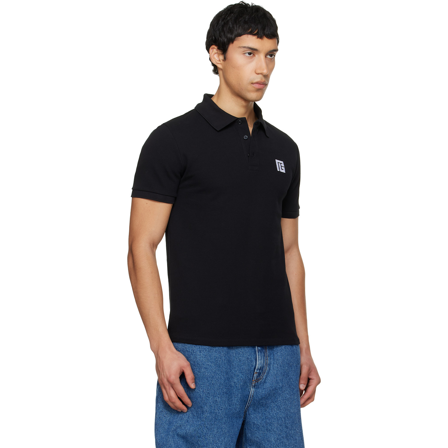  Balmain Black Embroidered Cotton Polo 