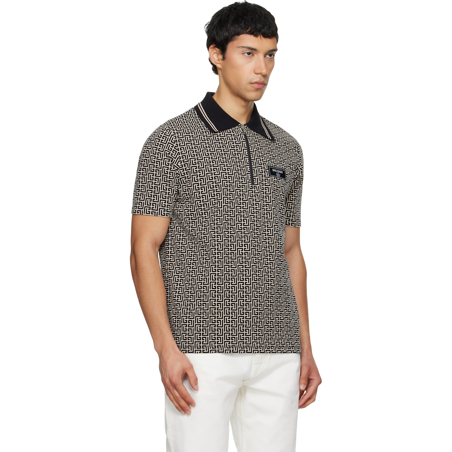  Balmain Black & Beige Monogram Polo 