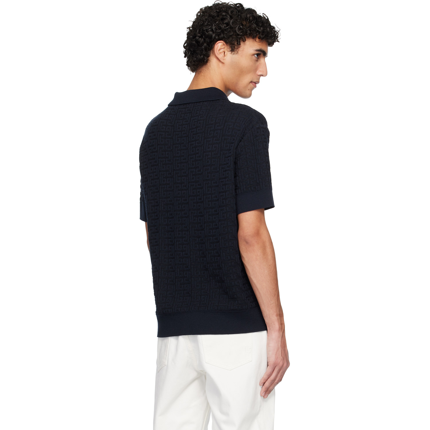  Balmain Navy Monogram Vanise Knit Polo 