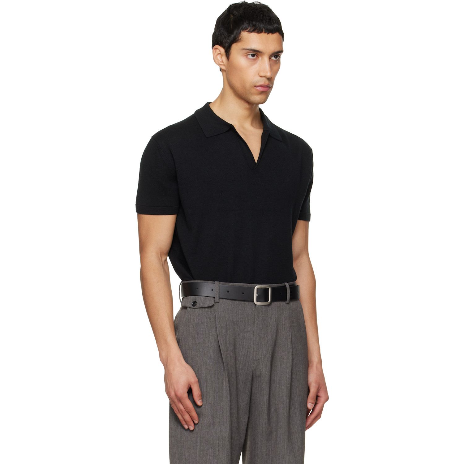  Tonywack Black Silk Cashmere Open Collar Knit Polo 