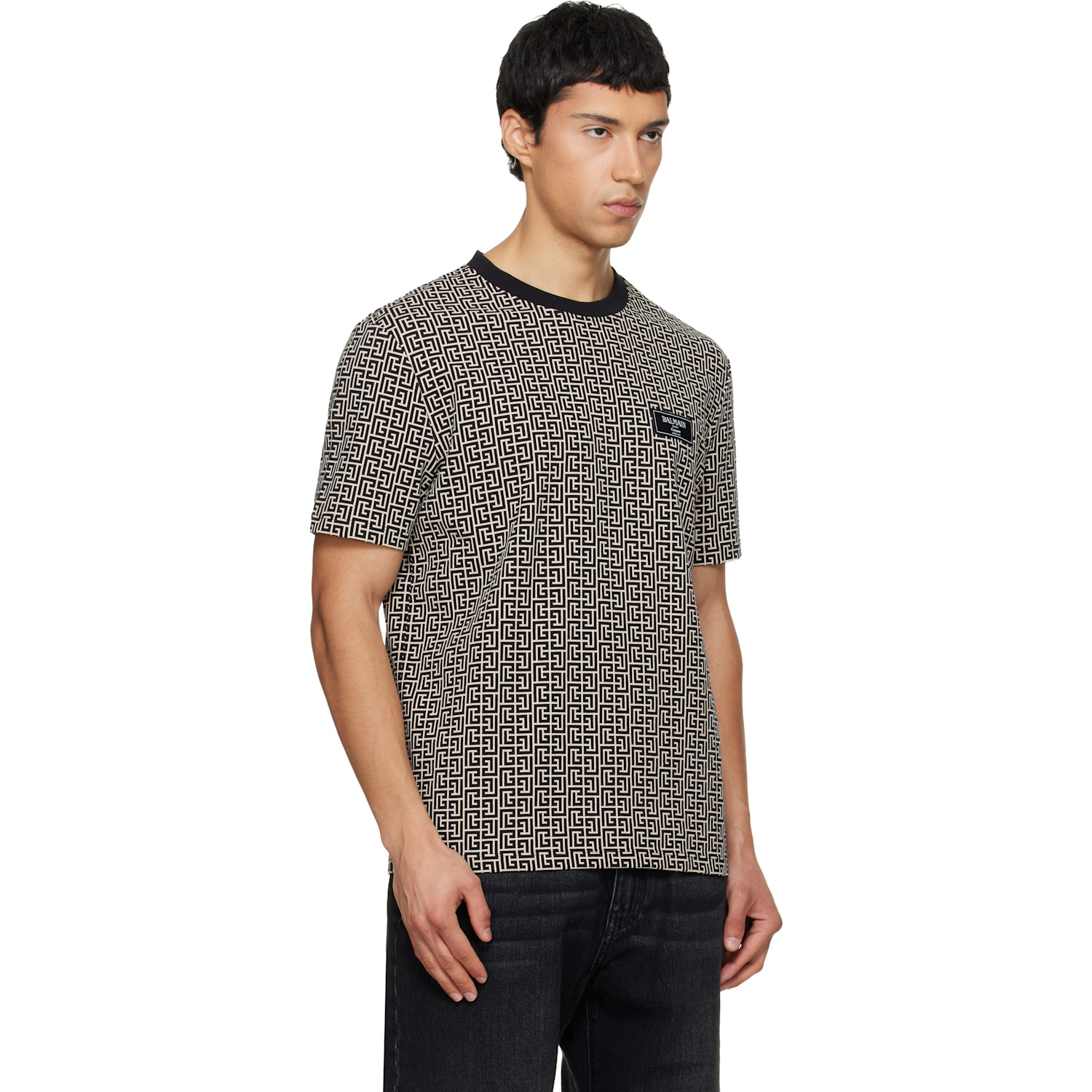  Balmain Black & Beige Monogram Jacquard T-shirt 