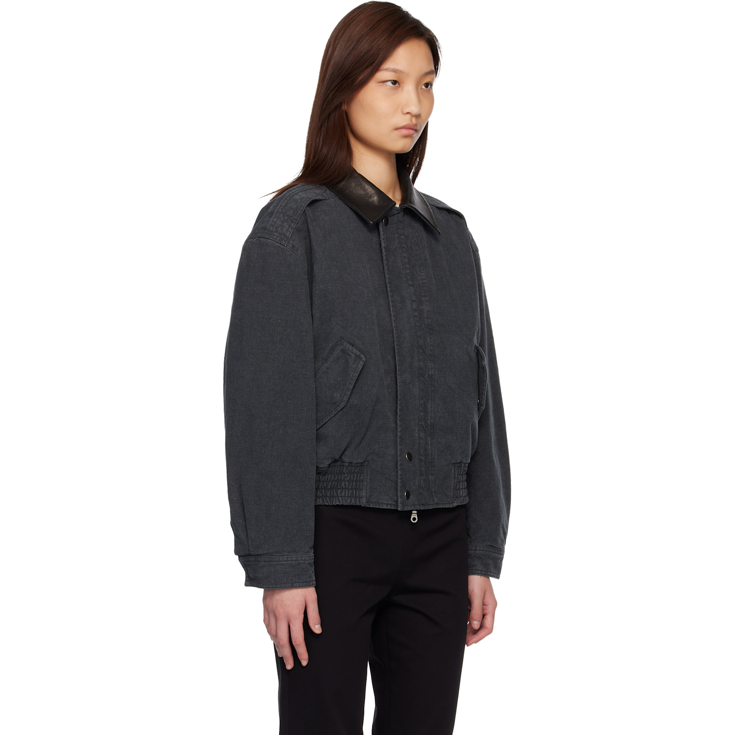  Coor Navy Leather Collar Washed Cationized Bomber Jacket 