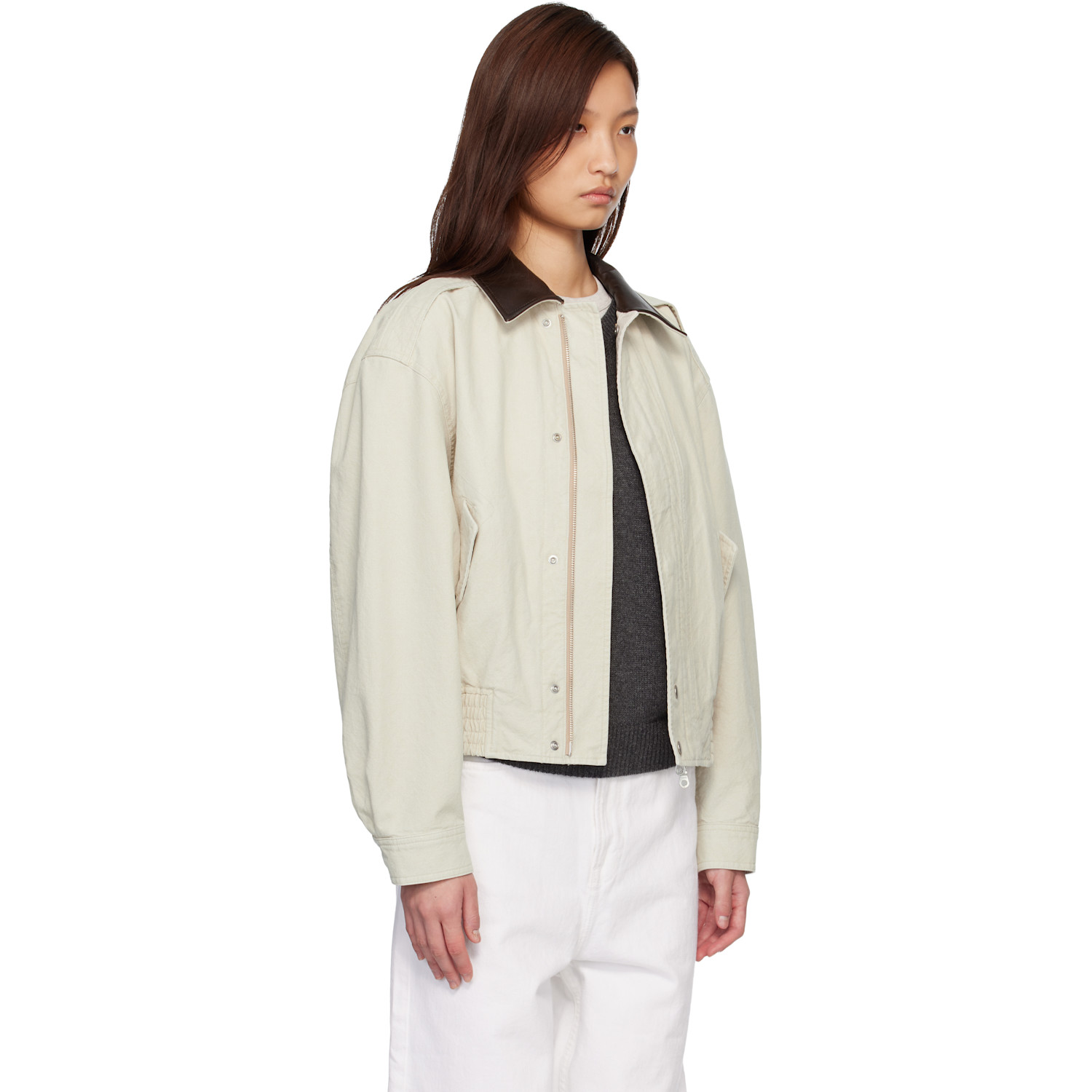  Coor Beige Leather Collar Washed Cationized Bomber Jacket 