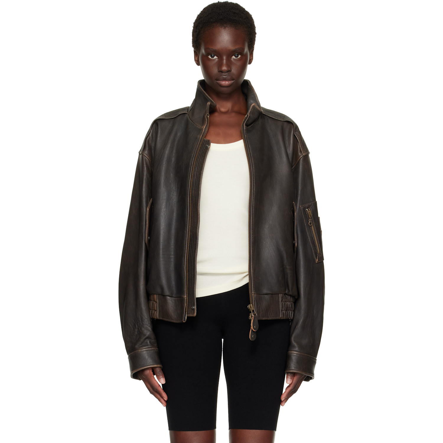 COOR Brown Vintage Shelter Neck Collar Leather Jacket