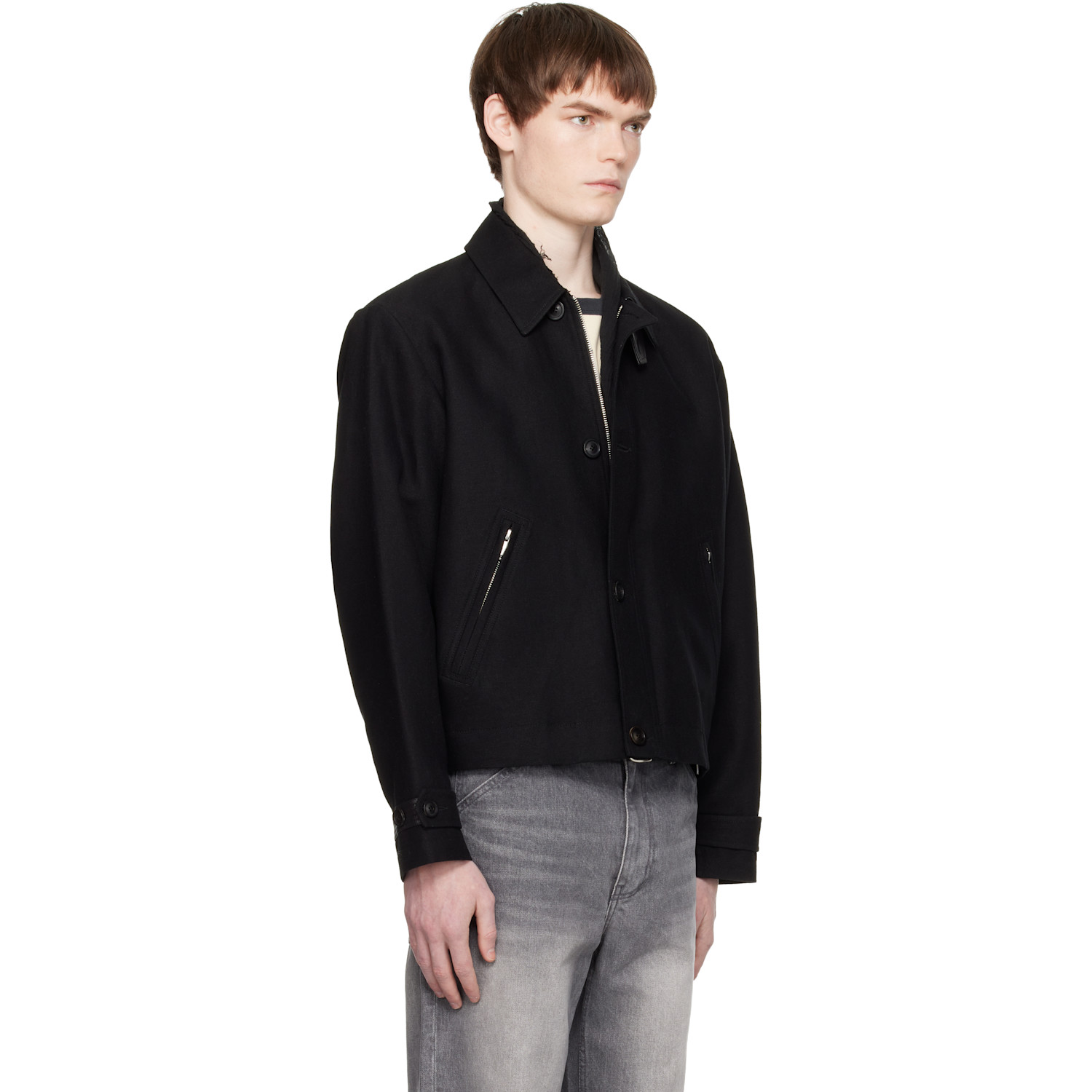  Coor Black Wool Linen Blend Leather Tab Jacket 