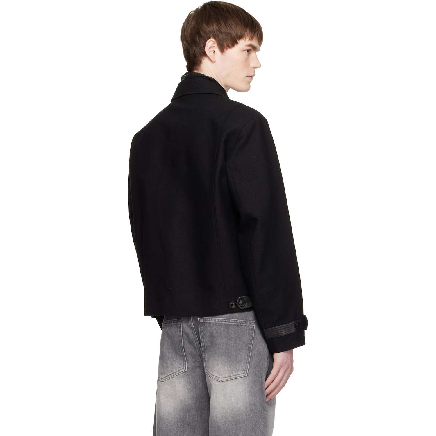  Coor Black Wool Linen Blend Leather Tab Jacket 
