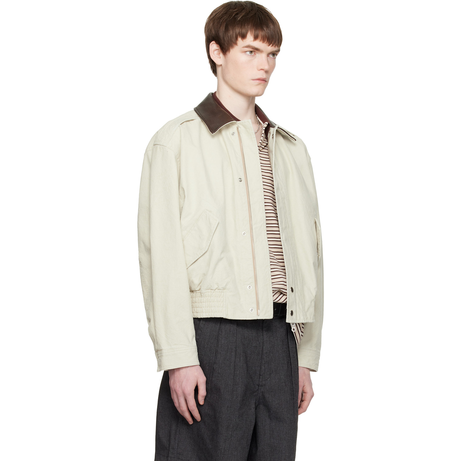  Coor Off-white Leather Collar Washed Cationized Bomber Jacket 