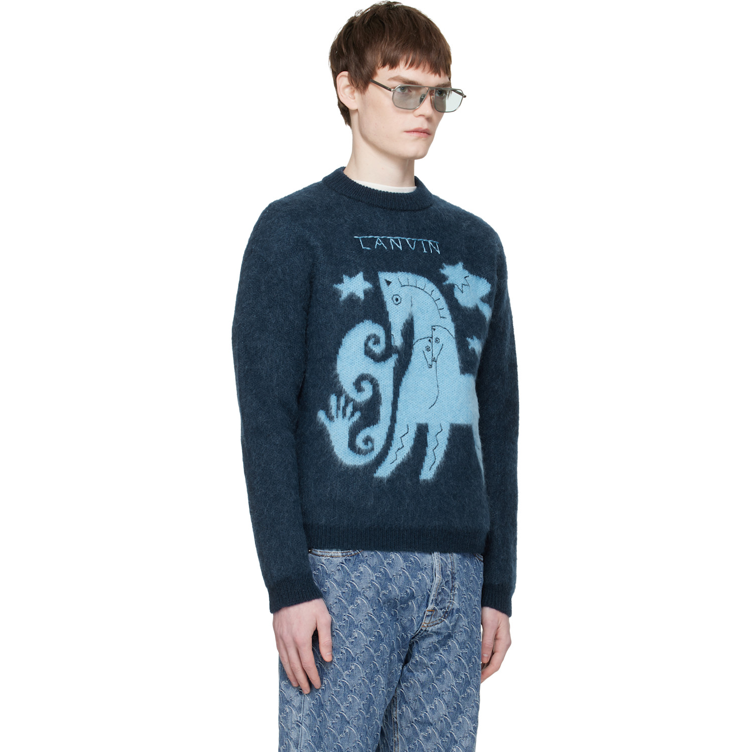  Lanvin Navy Lunar Year Jacquard Mohair Sweater 
