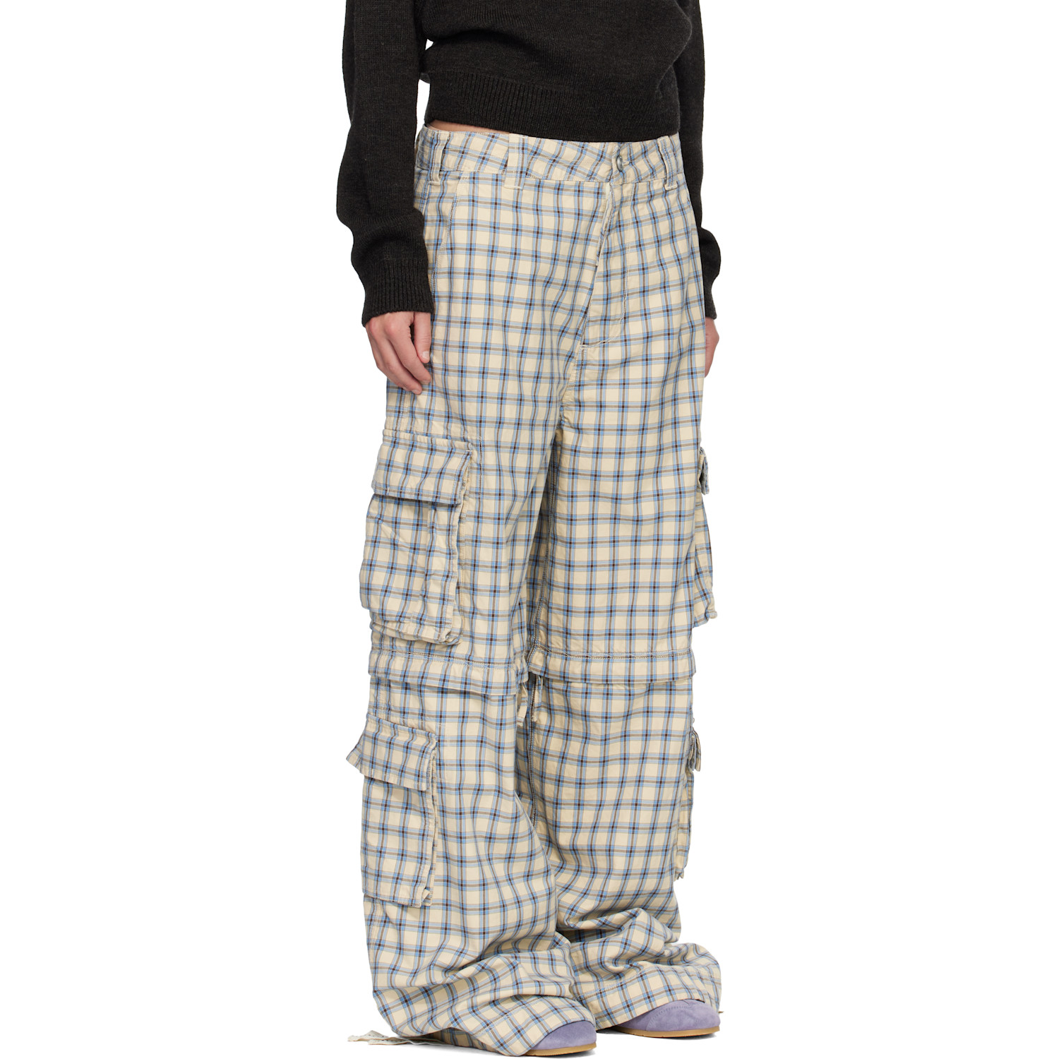  Erl Beige & Blue Zip-off Plaid Cargo Pants 