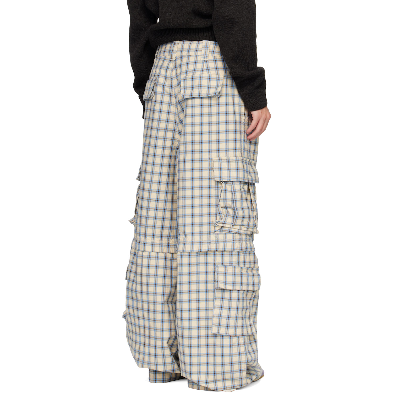  Erl Beige & Blue Zip-off Plaid Cargo Pants 