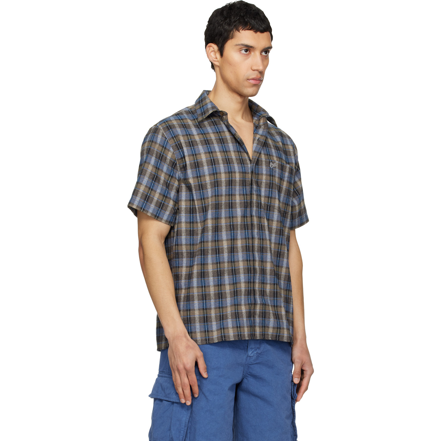  Erl Gray & Blue Check Short Sleeve Shirt 