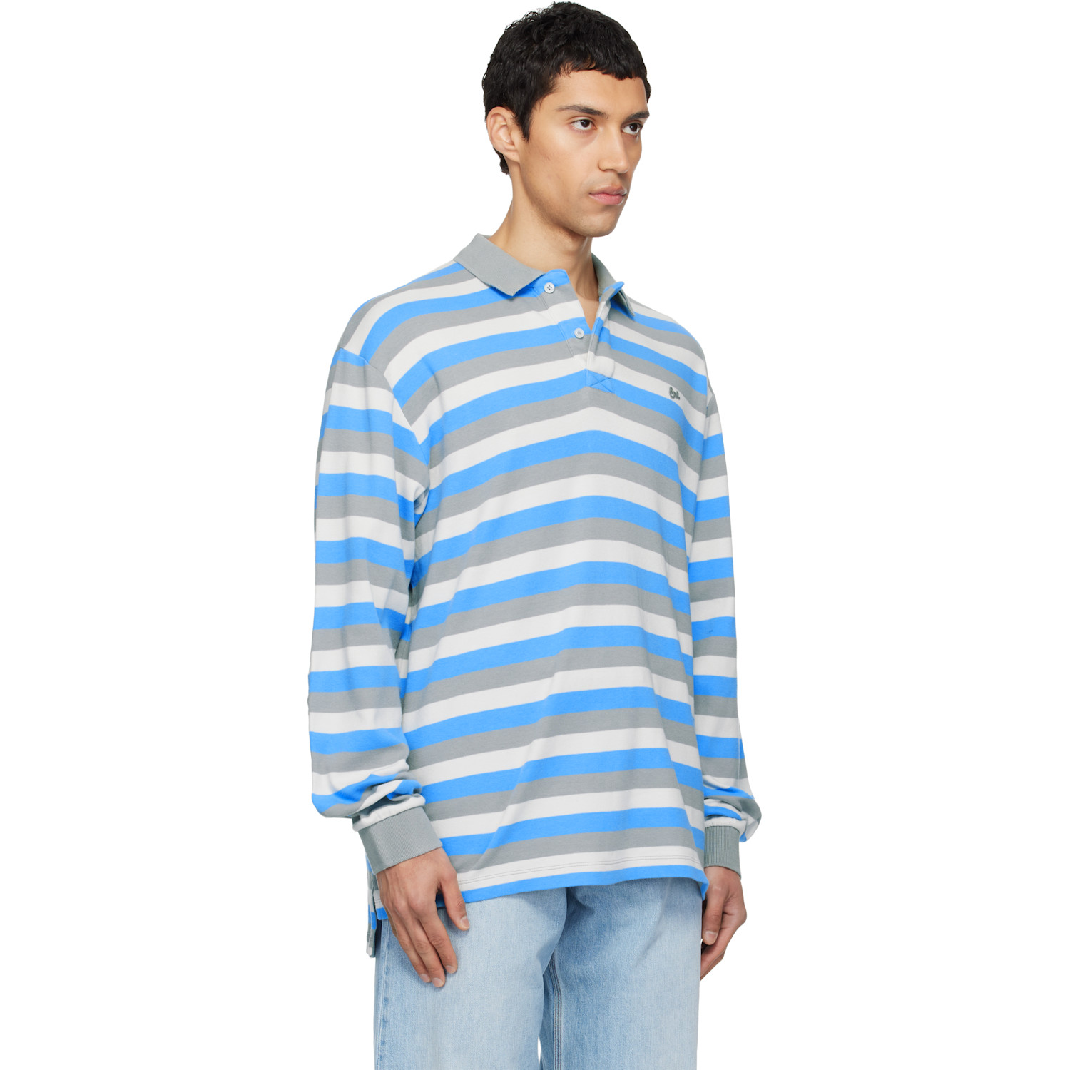  Erl Gray & Blue Striped Long Sleeve Polo 