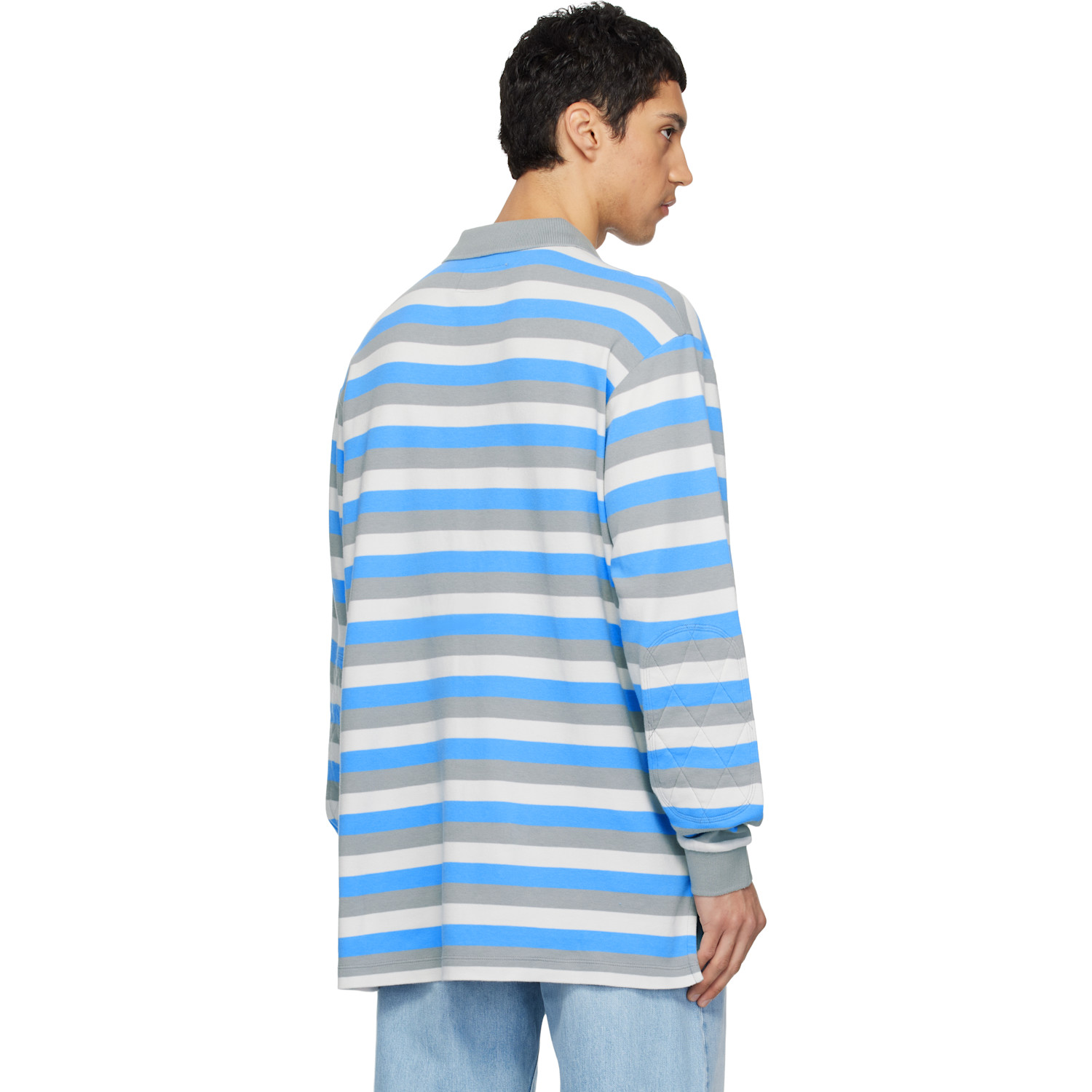 Erl Gray & Blue Striped Long Sleeve Polo 