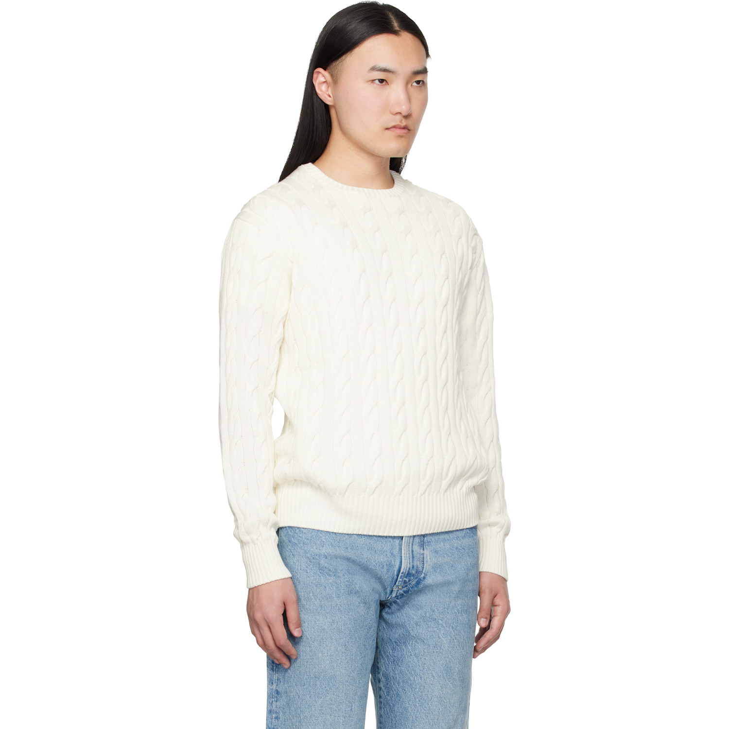  Ralph Lauren Purple Label White Cotton Silk Cable Crewneck Sweater 
