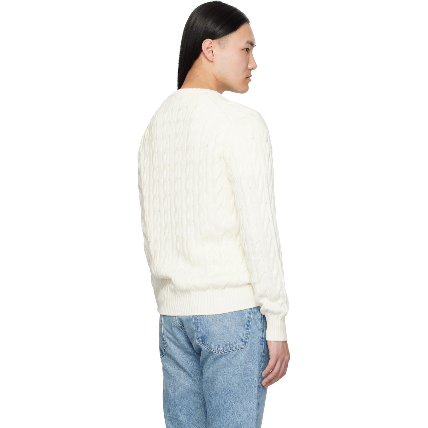  Ralph Lauren Purple Label White Cotton Silk Cable Crewneck Sweater 