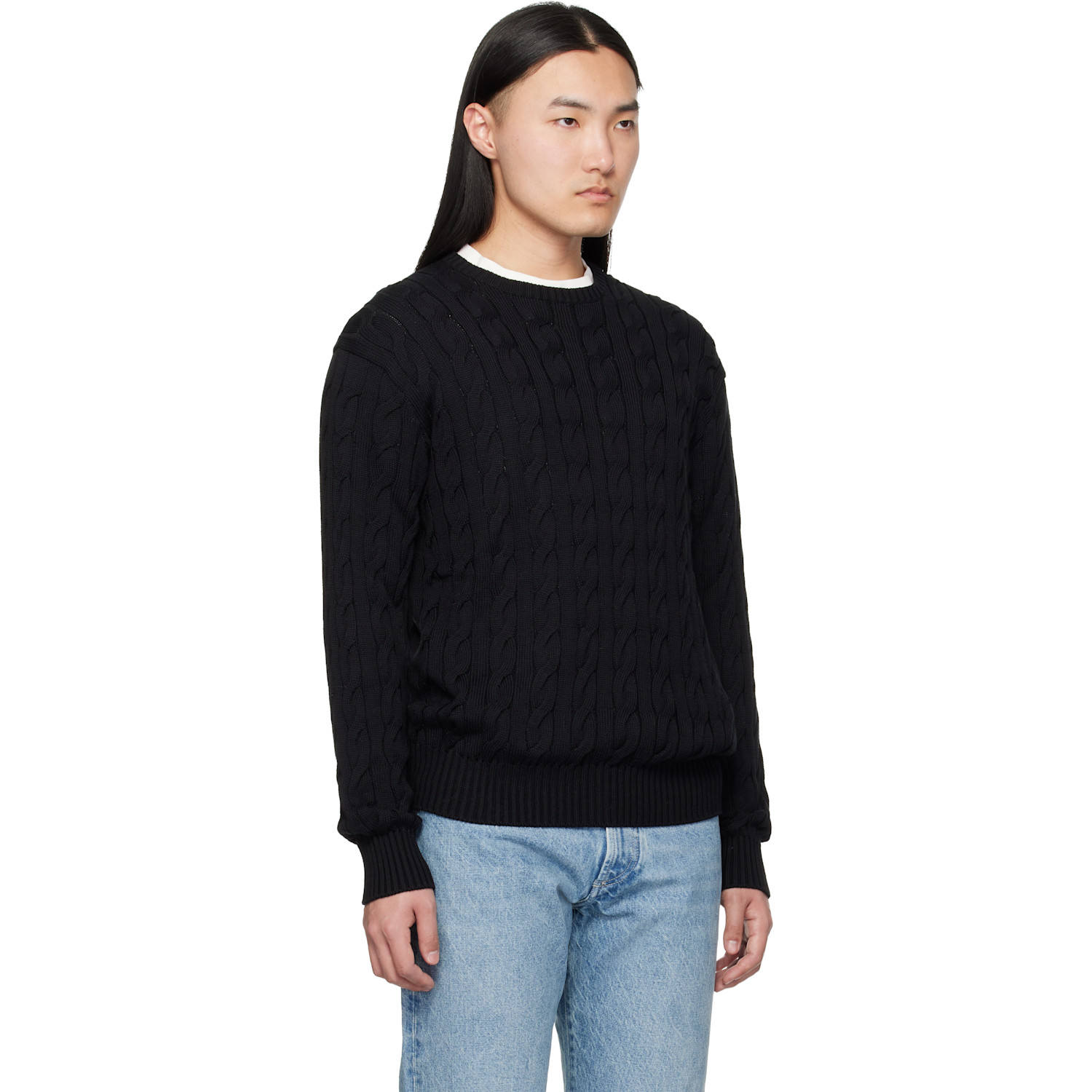  Ralph Lauren Purple Label Black Cotton Silk Cable Crewneck Sweater 