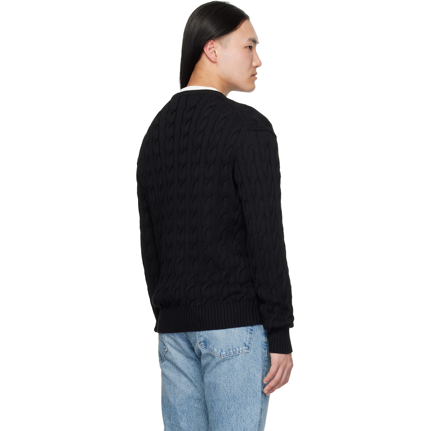  Ralph Lauren Purple Label Black Cotton Silk Cable Crewneck Sweater 