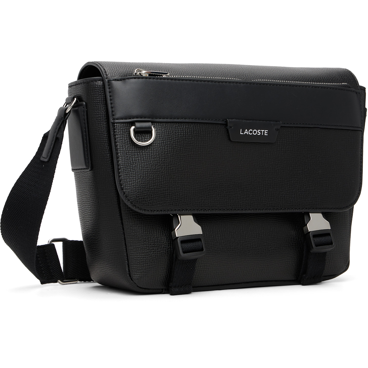  Lacoste Black Ossian Flap Close Leather Satchel Bag 