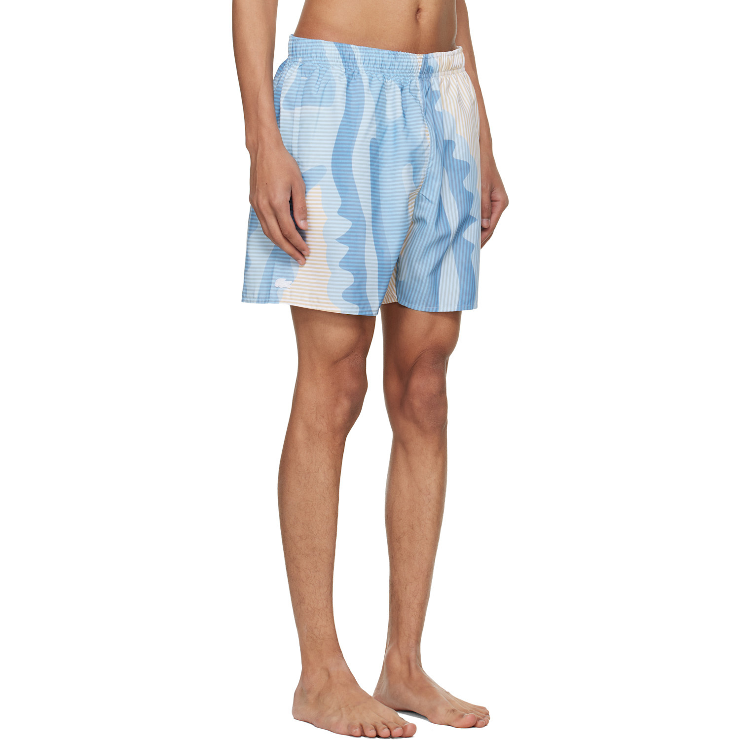  Lacoste Blue & Beige Mid Length Striped Swim Shorts 