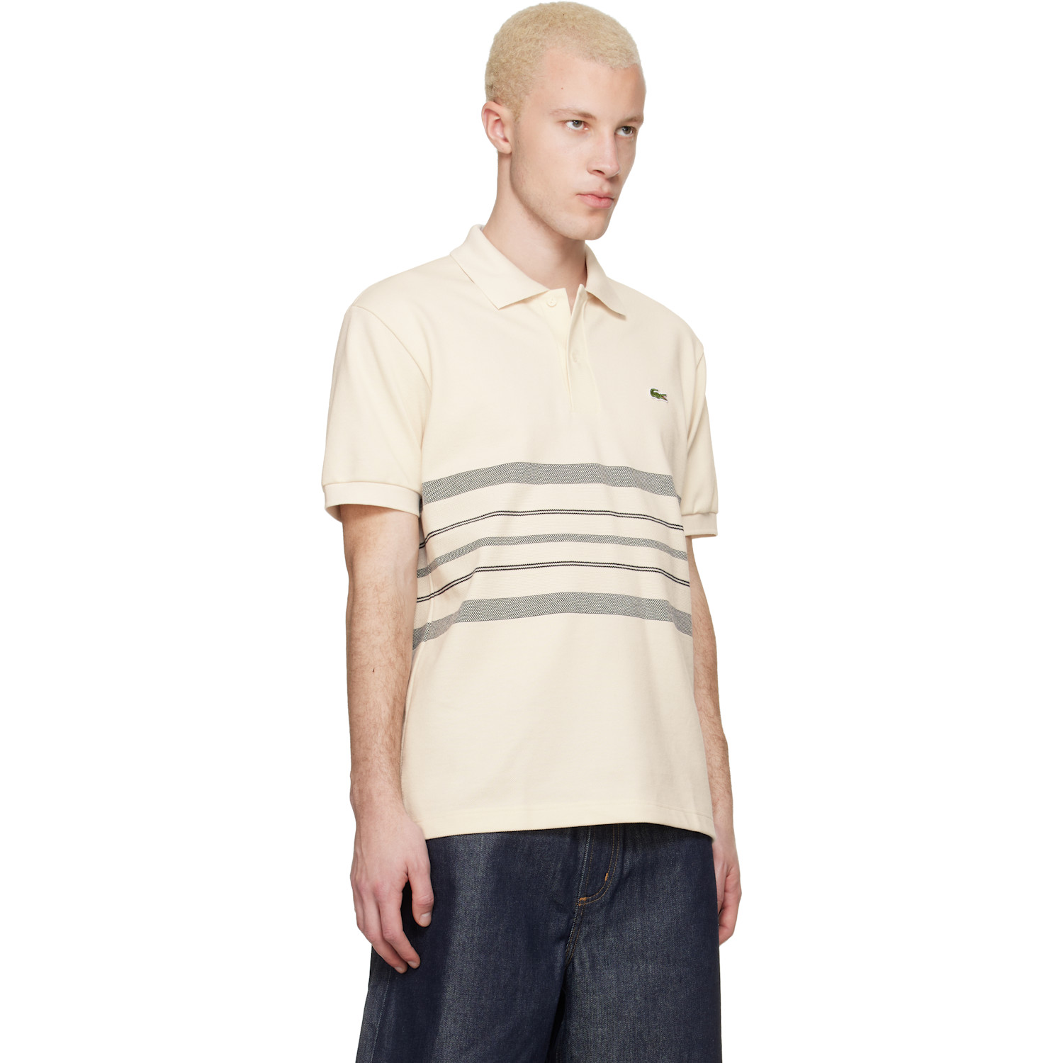  Lacoste Off-white 'french Made' Classic Fit Striped Polo 