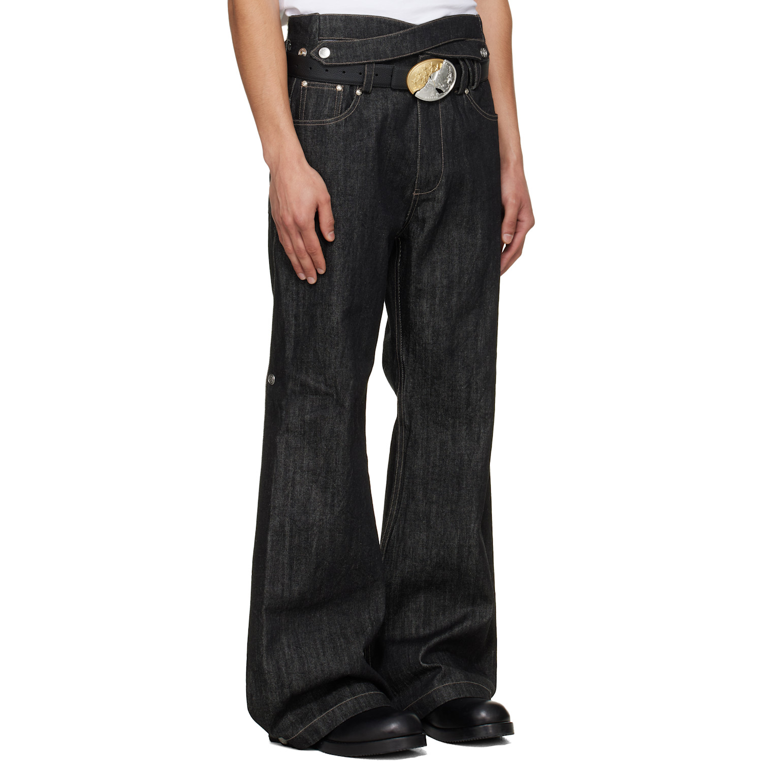  Nullus Black Whale Fin Snap-on Flared Jeans 