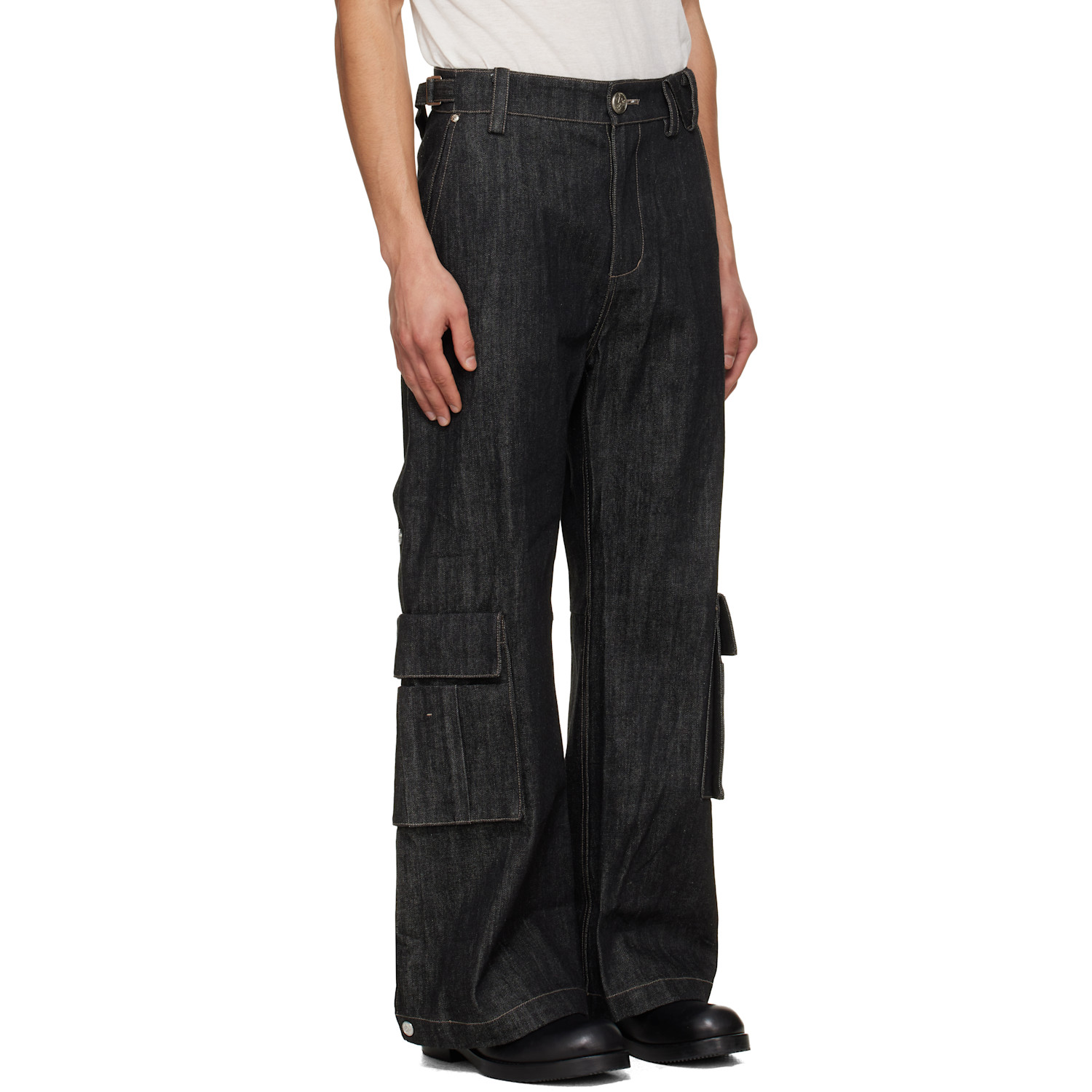  Nullus Black Whale Fin Snap-on Denim Cargo Pants 