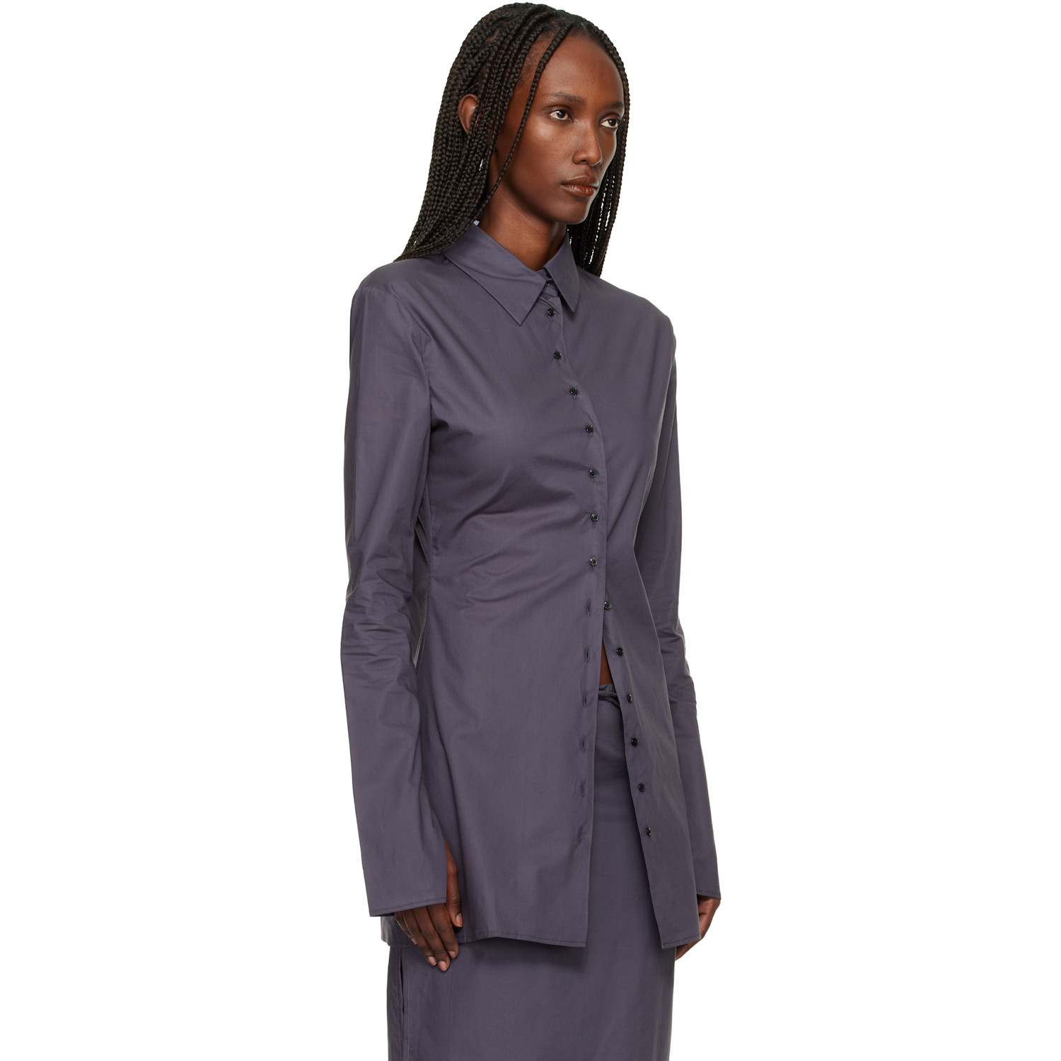  Bambou Roger Kwong Gray Cotton Poplin Fitted Cuffless Shirt 