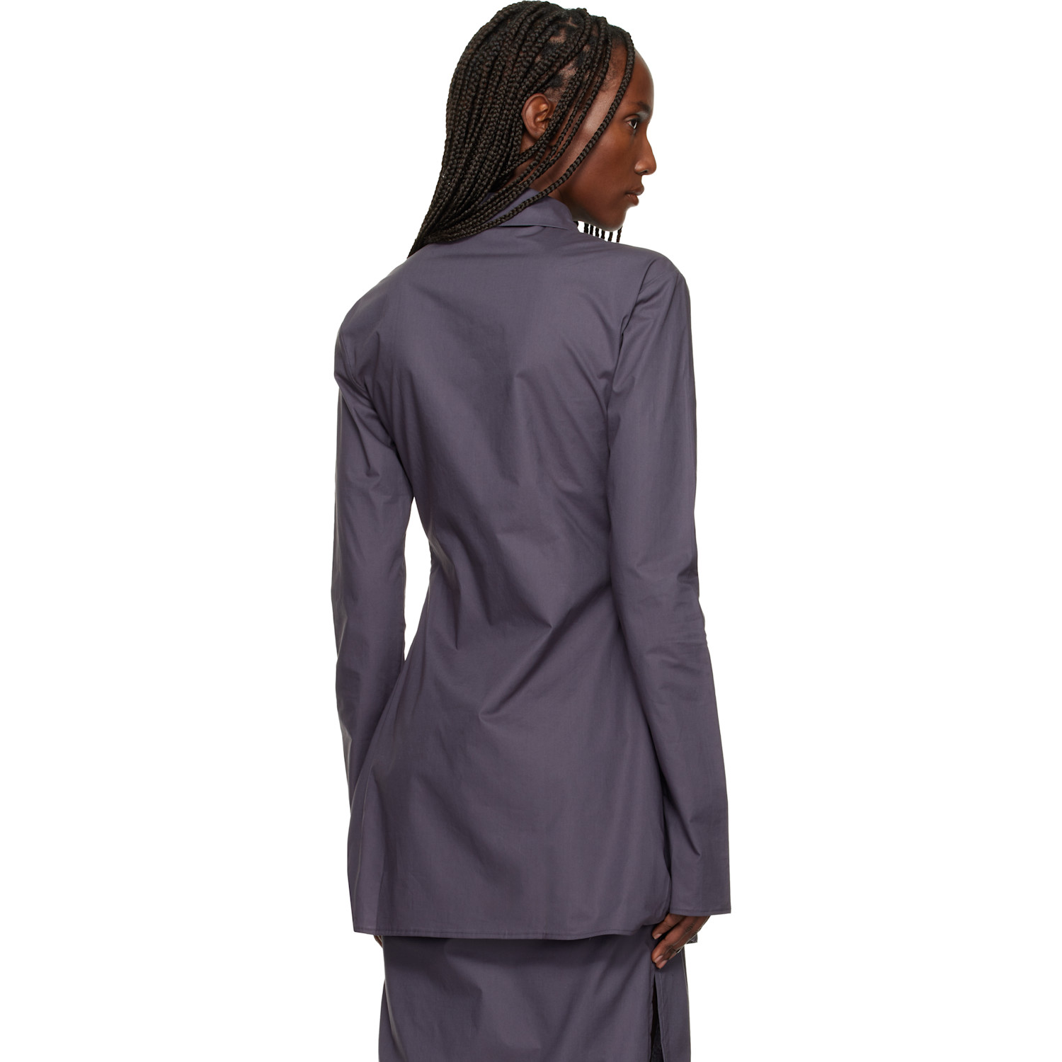  Bambou Roger Kwong Gray Cotton Poplin Fitted Cuffless Shirt 