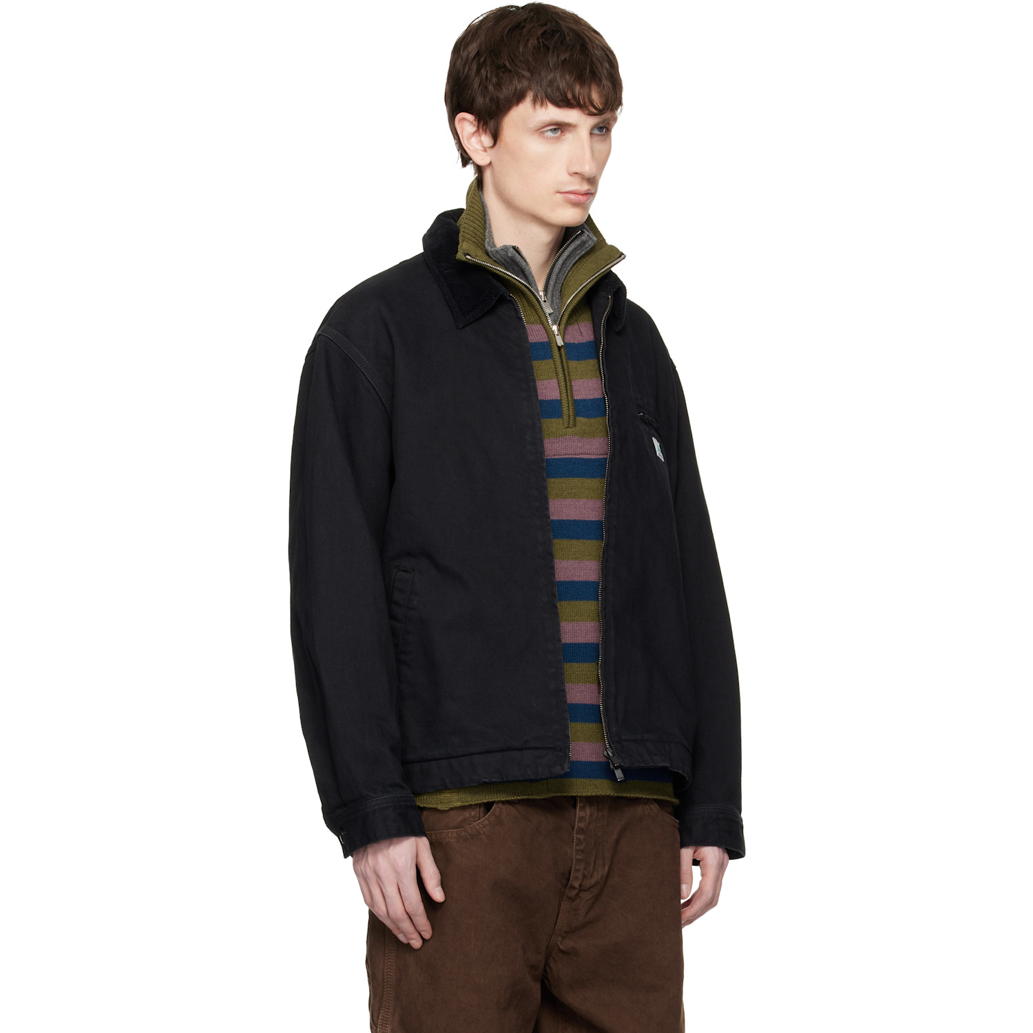  Vowels Black Cord Collared Zip-up Denim Jacket 