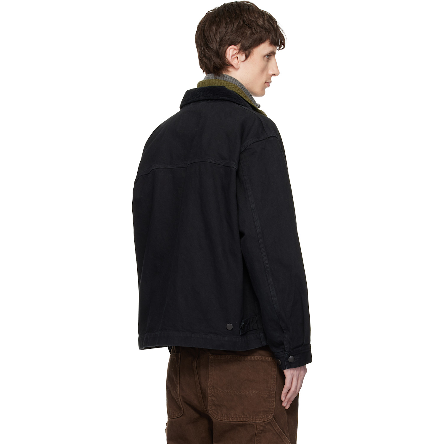  Vowels Black Cord Collared Zip-up Denim Jacket 