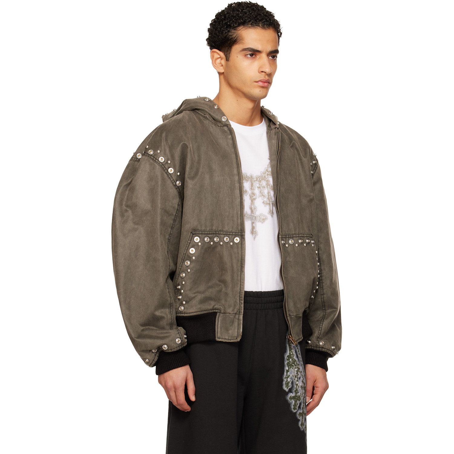  We11done Gray Studded Hooded Bomber Jacket 