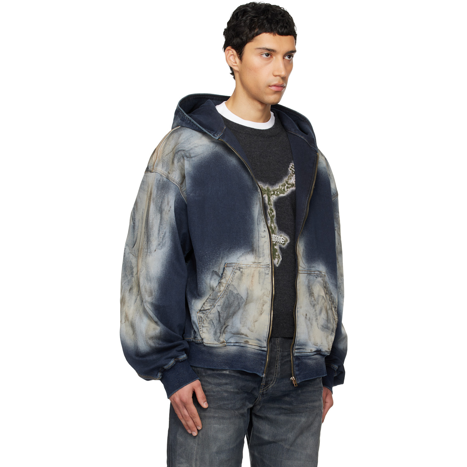  We11done Blue Zip-up Dirty Denim Jacket 