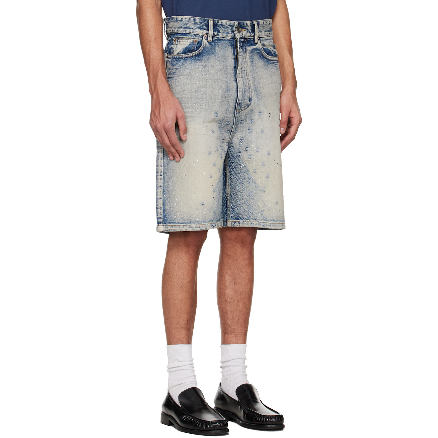  We11done Blue Embroidery Washed Denim Shorts 