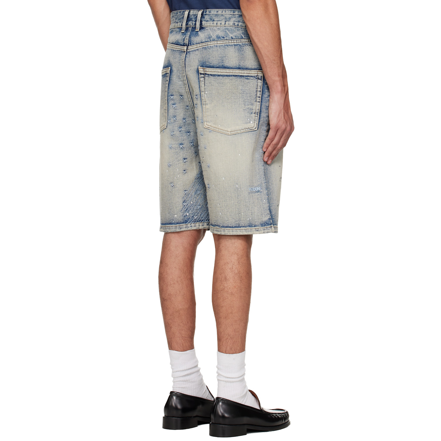  We11done Blue Embroidery Washed Denim Shorts 