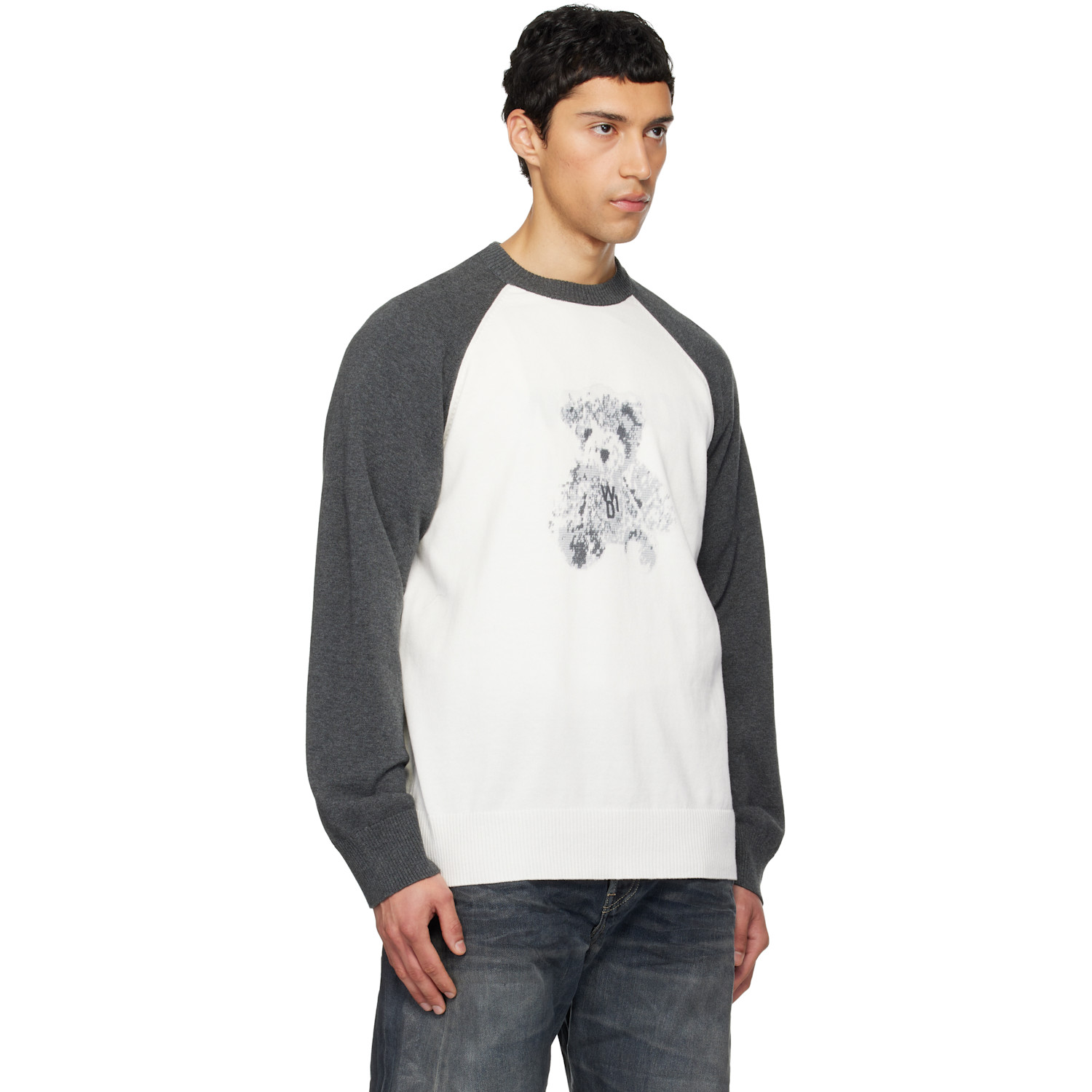  We11done White & Gray Teddy Raglan Sweater 
