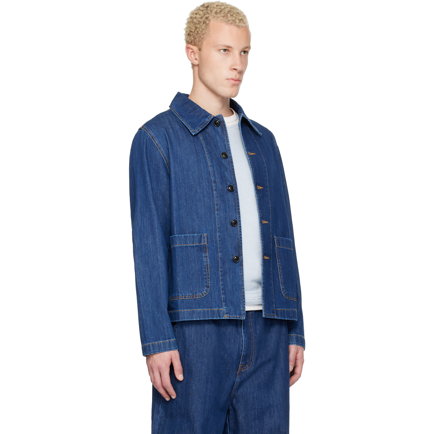 Merz B. Schwanen Blue Cropped Worker's Denim Jacket 