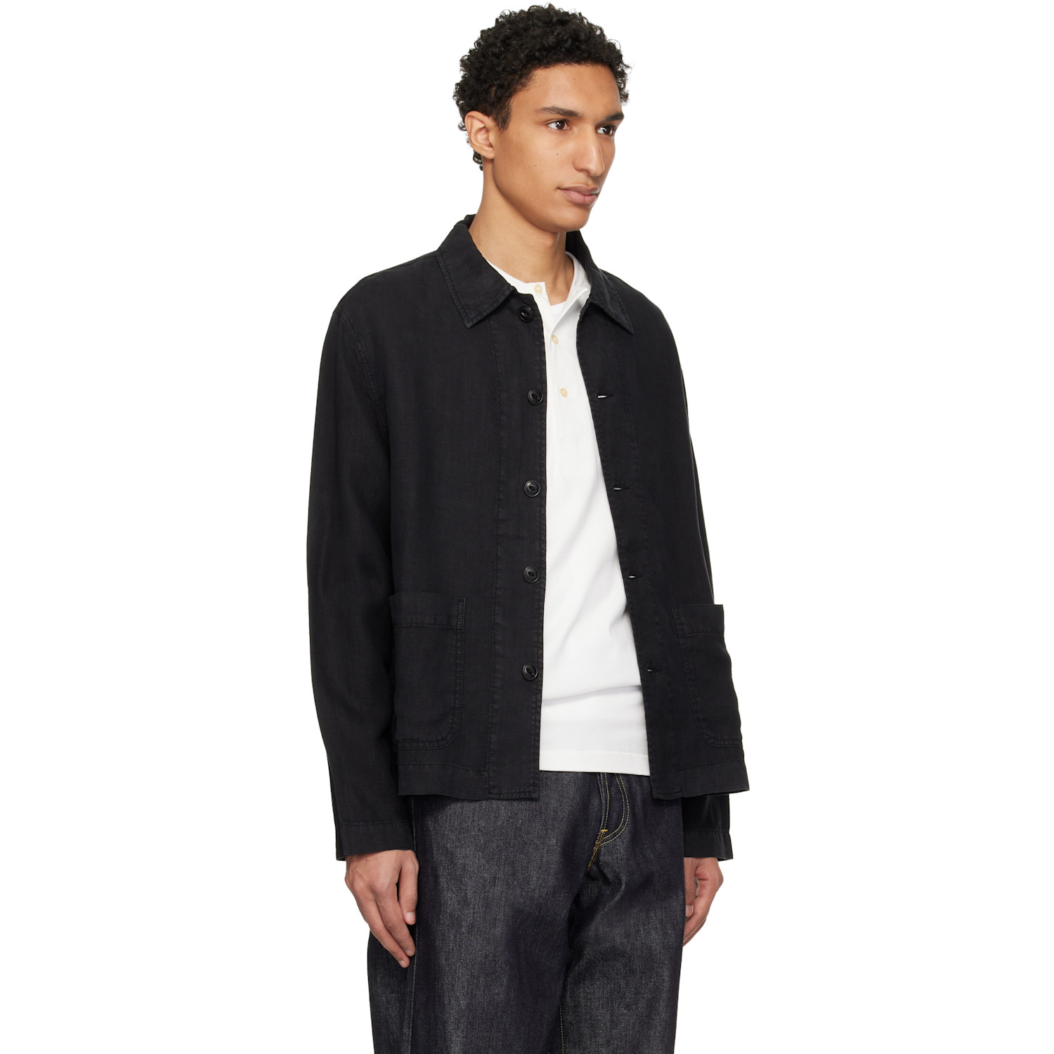  Merz B. Schwanen Black Cropped Worker's Linen Jacket 
