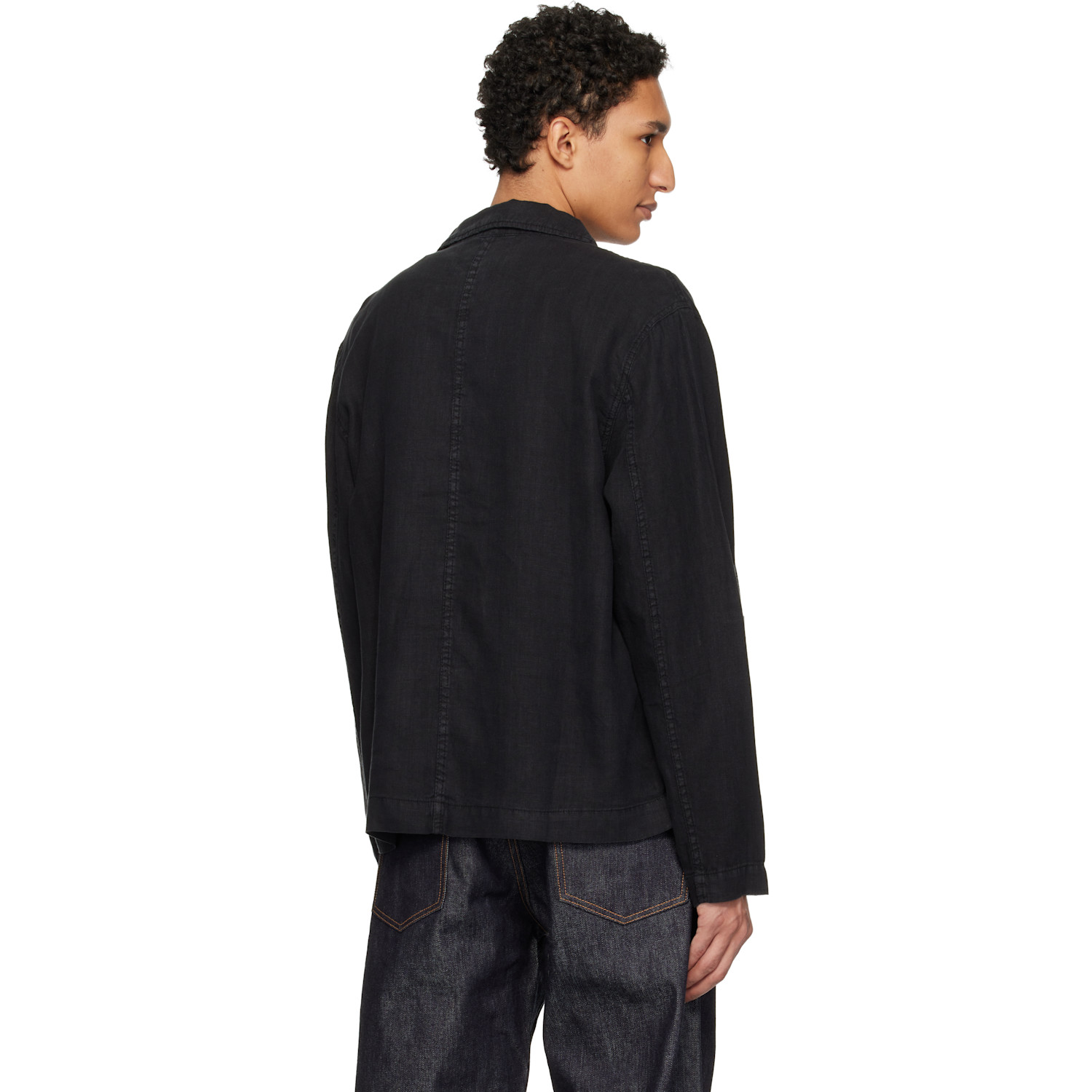  Merz B. Schwanen Black Cropped Worker's Linen Jacket 