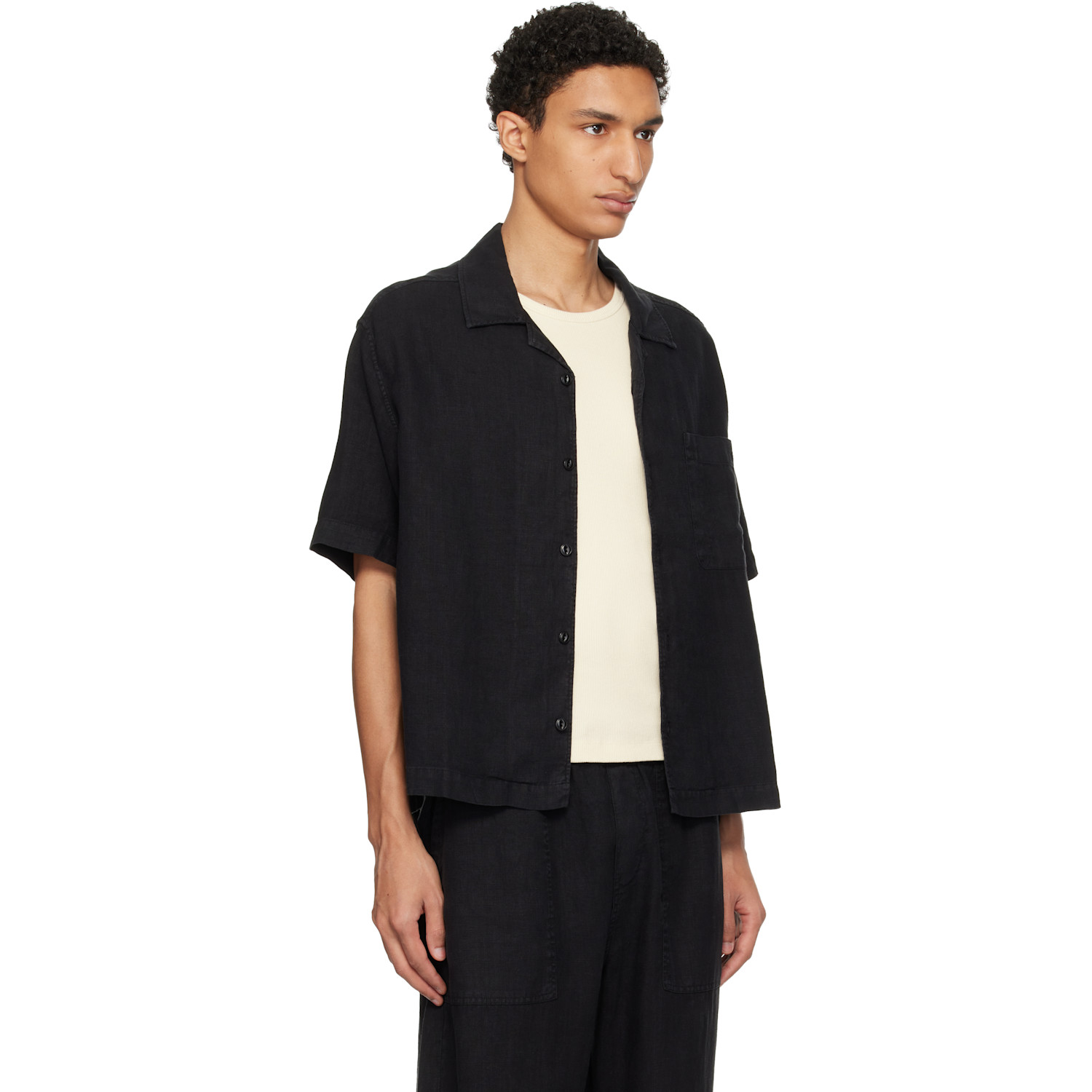  Merz B. Schwanen Black Linen Bowling Shirt 