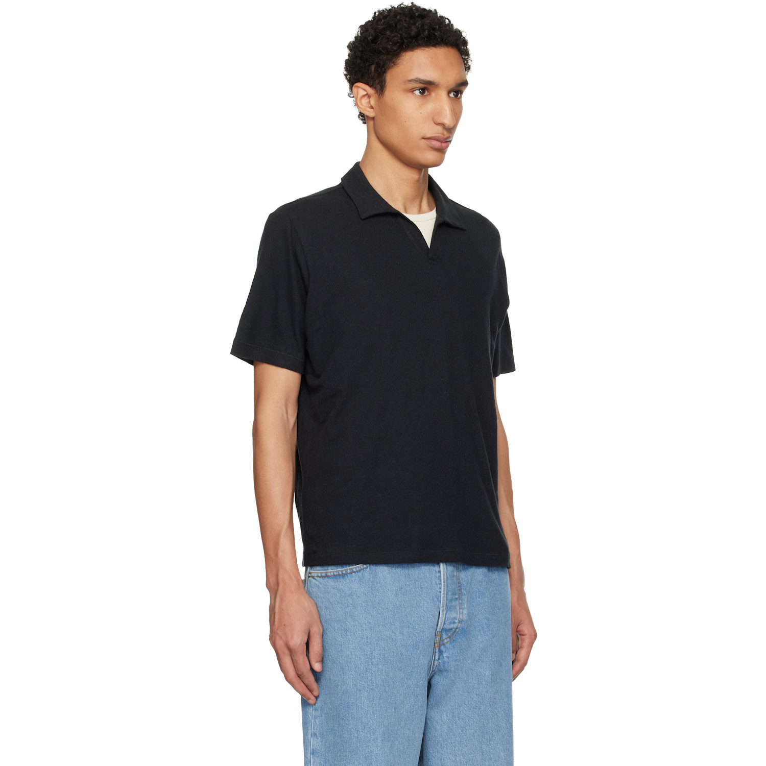 Merz B. Schwanen Black Linen-cotton Relaxed Fit Polo 